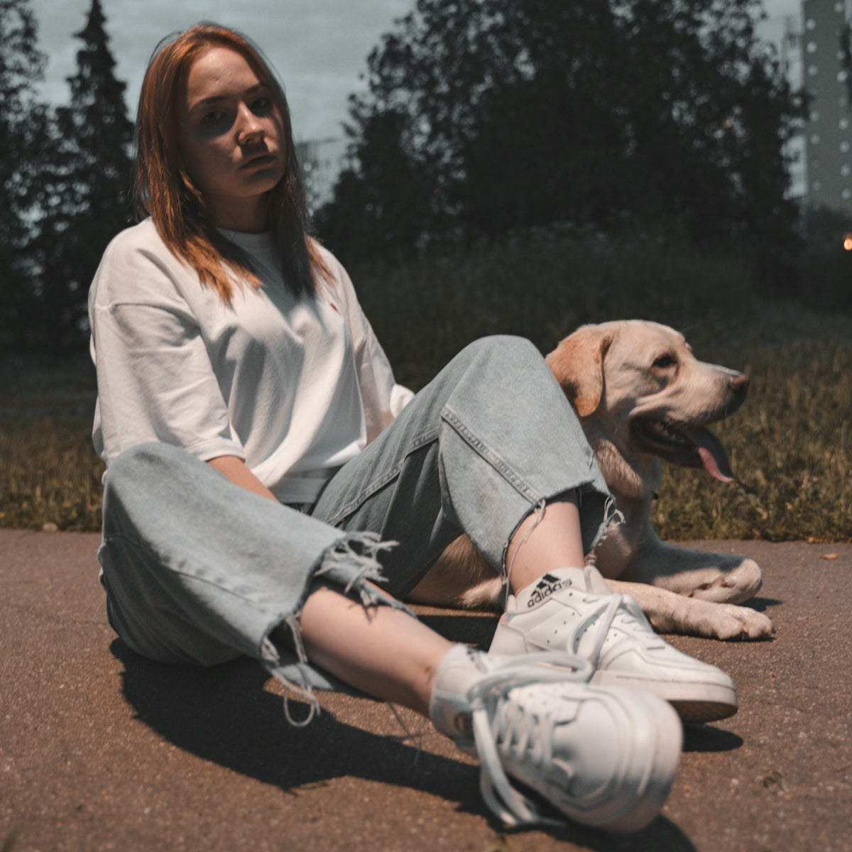 woman in white long sleeve shirt sitting beside brown short coated dog